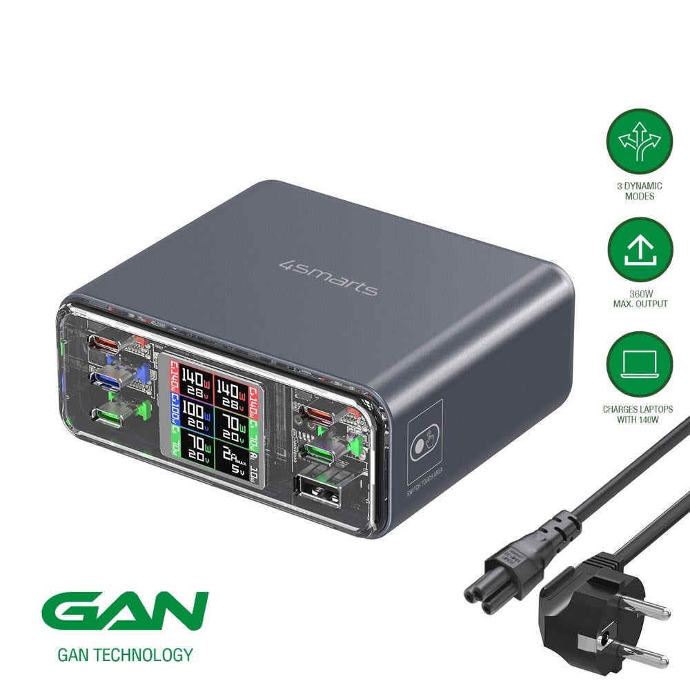 4smarts Lucid GaN DIY Bordladdare - 360W / 5x USB-C & 1x USB-A - Grå