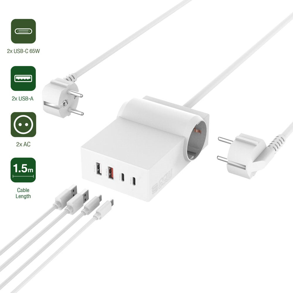 4smarts 6-i-1 GaN 65W Grenuttag m. 2x AC / 2x USB-C / 2x USB-A – Vit