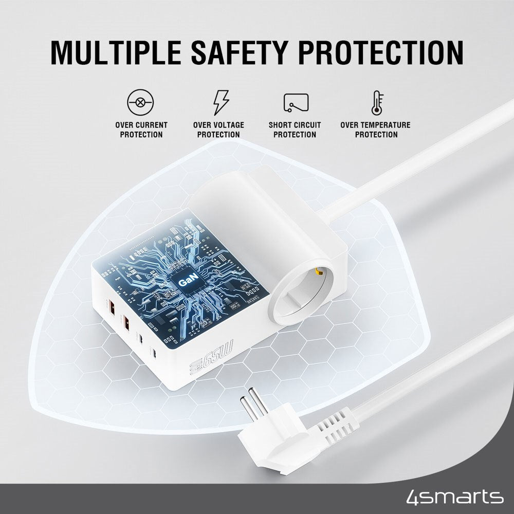4smarts 6-i-1 GaN 65W Grenuttag m. 2x AC / 2x USB-C / 2x USB-A – Vit
