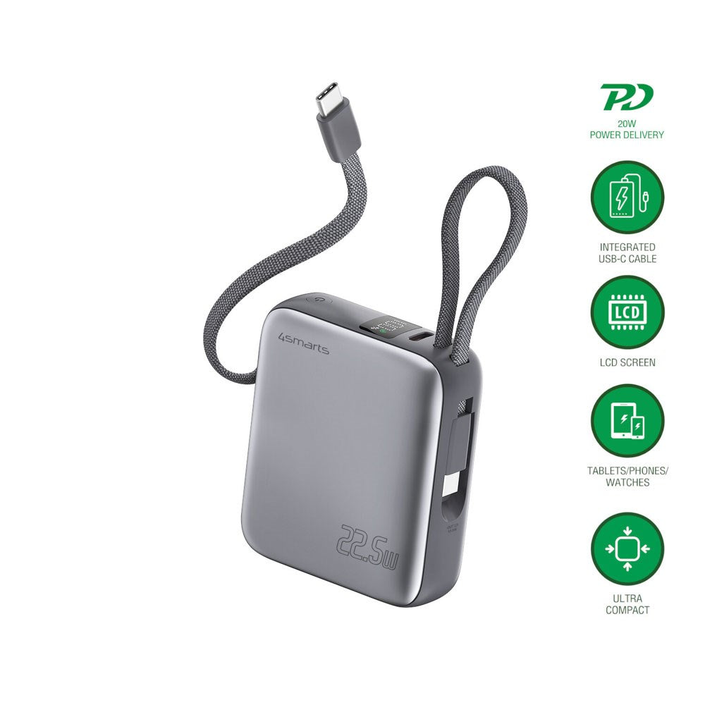 4smarts Pocket Dual Cord 22.5W PowerBank m. Inbyggd USB-C Kabel - 10.000 mAh - Space Grey