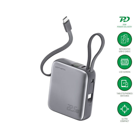 4smarts Pocket Dual Cord 22.5W PowerBank m. Inbyggd USB-C Kabel - 10.000 mAh - Space Grey