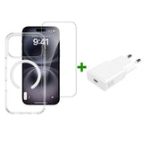 iPhone 18 Pro / 17 Pro 4Smarts 3-i-1 Premium Starter Set - MagSafe Skal, Skärmskydd & 20W Väggladdare - Genomskinlig / Vit