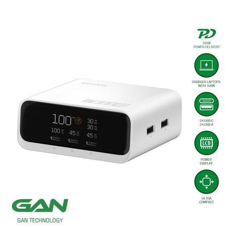 4smarts GaN Bordladdare m. Skärm - 100W / 3x USB-C & 2x USB-A - Vit