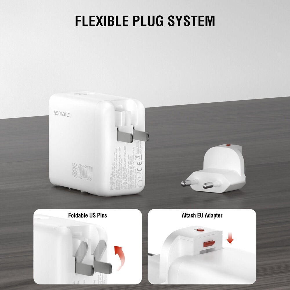 4smarts GaN 100W Väggladdare med Display - Inbyggd USB-C Kabel - 1 x USB-A - 1 x USB-C - Vit