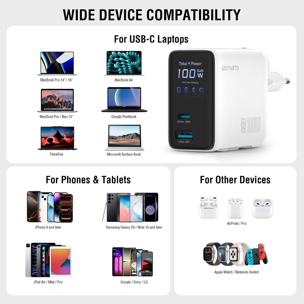 4smarts GaN 100W Väggladdare med Display - Inbyggd USB-C Kabel - 1 x USB-A - 1 x USB-C - Vit