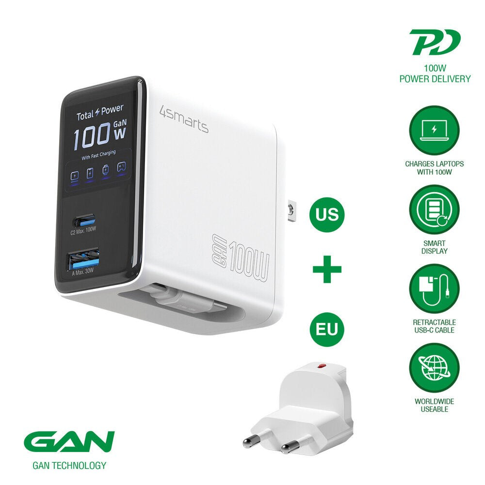 4smarts GaN 100W Väggladdare med Display - Inbyggd USB-C Kabel - 1 x USB-A - 1 x USB-C - Vit