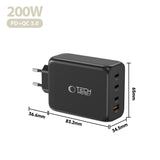 Tech-Protect 200W Väggladdare m. 3x USB-C & 1x USB-A - Svart