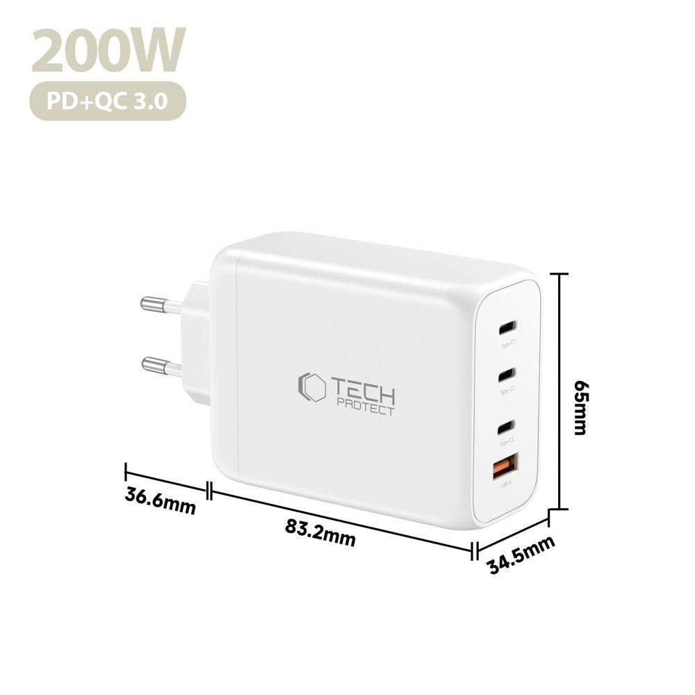 Tech-Protect 200W Väggladdare m. 3x USB-C & 1x USB-A - Vit