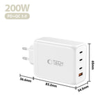Tech-Protect 200W Väggladdare m. 3x USB-C & 1x USB-A - Vit