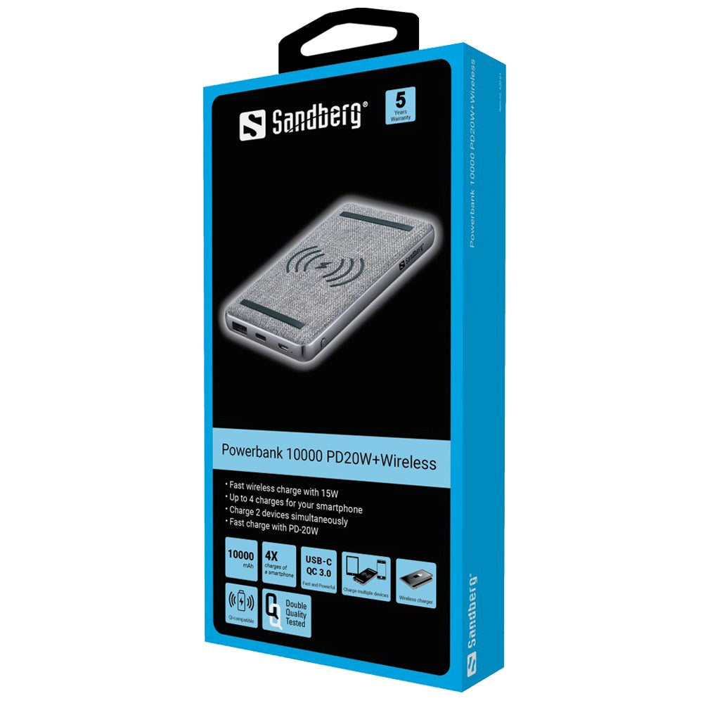 Sandberg 20W PowerBank med Trådlös Laddning - 1 X USB-C (PD) / 1 X USB-A (QC) - Silver