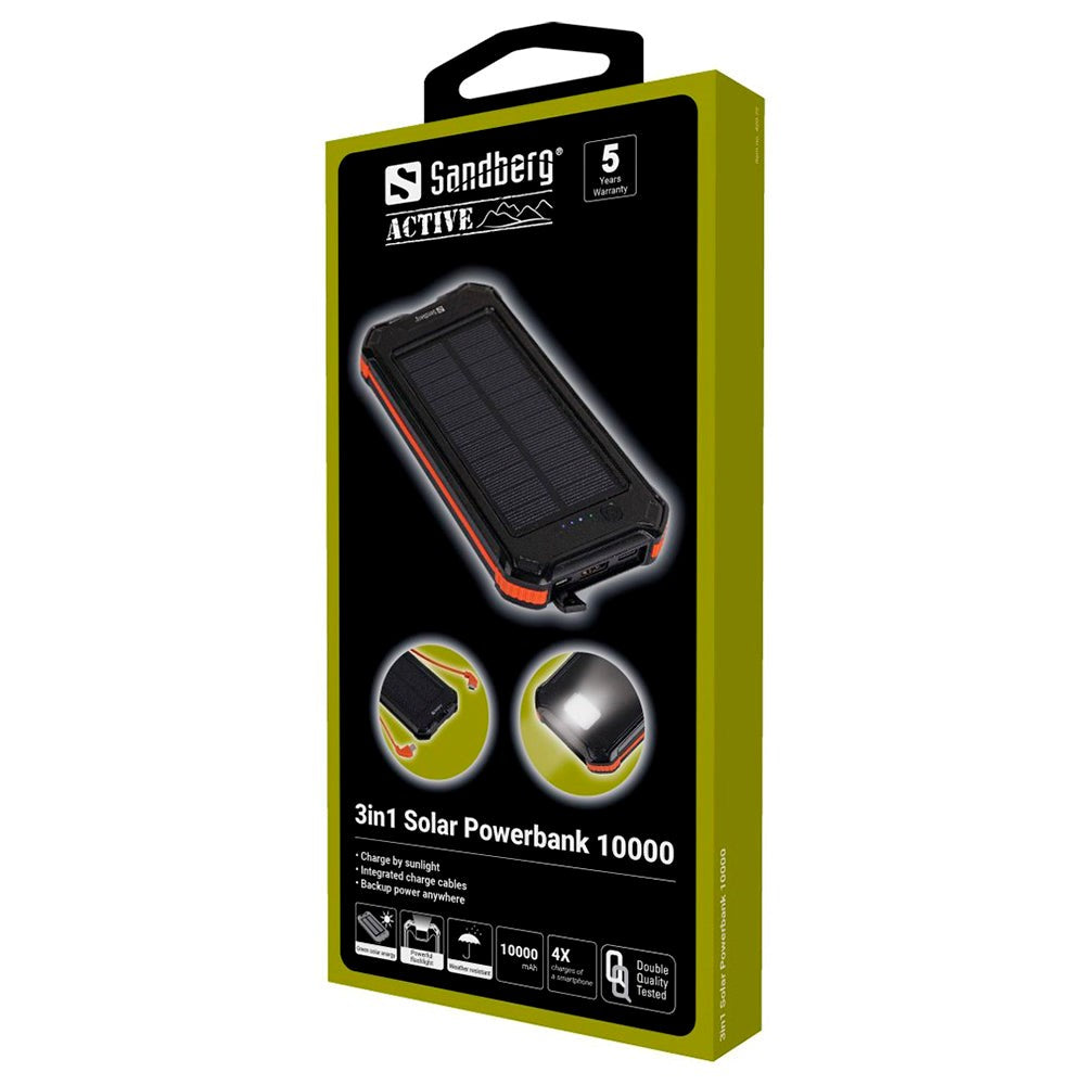 Sandberg 3-i-1 Solcelle Powerbank USB-A / USB-C / MicroUSB - 10.000 mAh - Sort