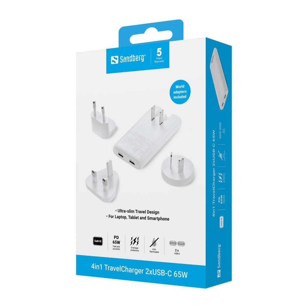 Sandberg 4-i-1 65W Reseladdare m. 2x USB-C – EU / UK / AUS - Vit