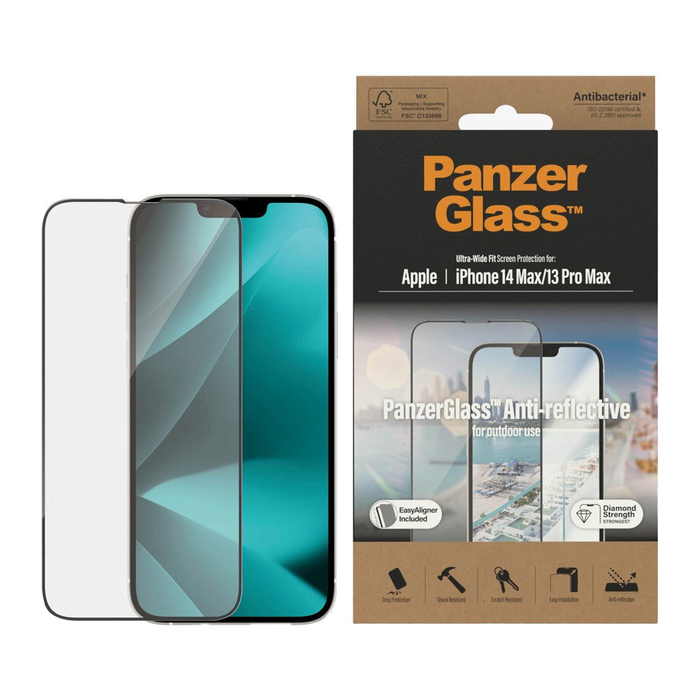 iPhone 14 Plus / 13 Pro Max PanzerGlass Ultra Wide Fit Skärmskydd med EasyAligner - Antibakteriellt - AntiReflective - Diamond Strength - Svart Kant