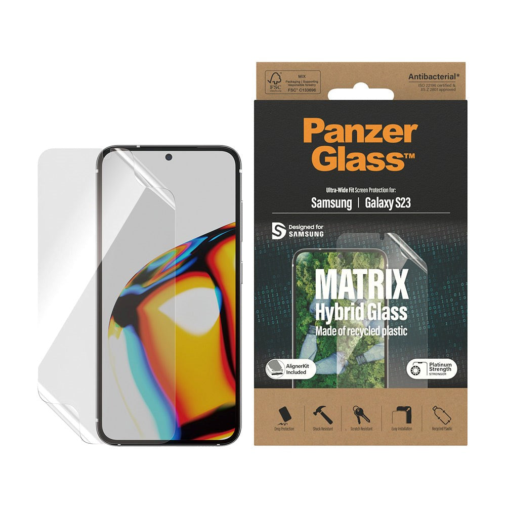 Samsung Galaxy S23 PanzerGlass Matrix Hybrid Glass AntiBacterial Ultra Wide Fit Skärmskydd - AlignerKit - Platinum Strength -  Transparent