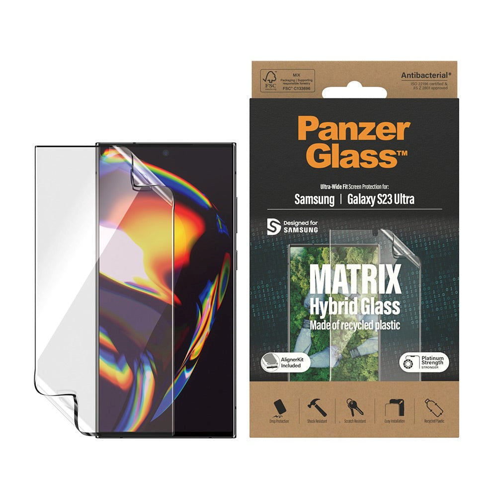 Samsung Galaxy S23 Ultra PanzerGlass Matrix Hybrid Glass AntiBacterial Ultra Wide Fit Skärmskydd - AlignerKit - Platinum Strength -  Transparent