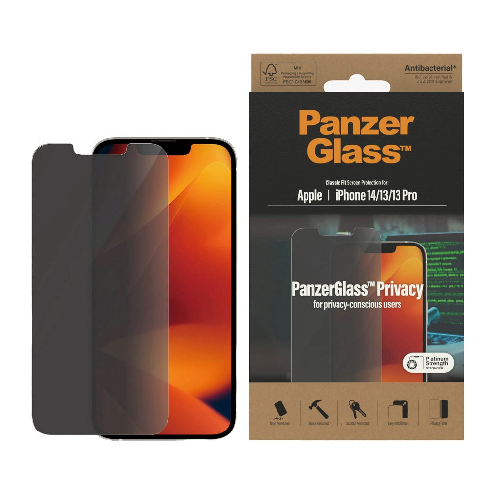 iPhone 14/13/13 Pro PanzerGlass Classic Fit Skärmskydd - Antibakteriellt - Privacy Filter - Platinum Strength - Transparent