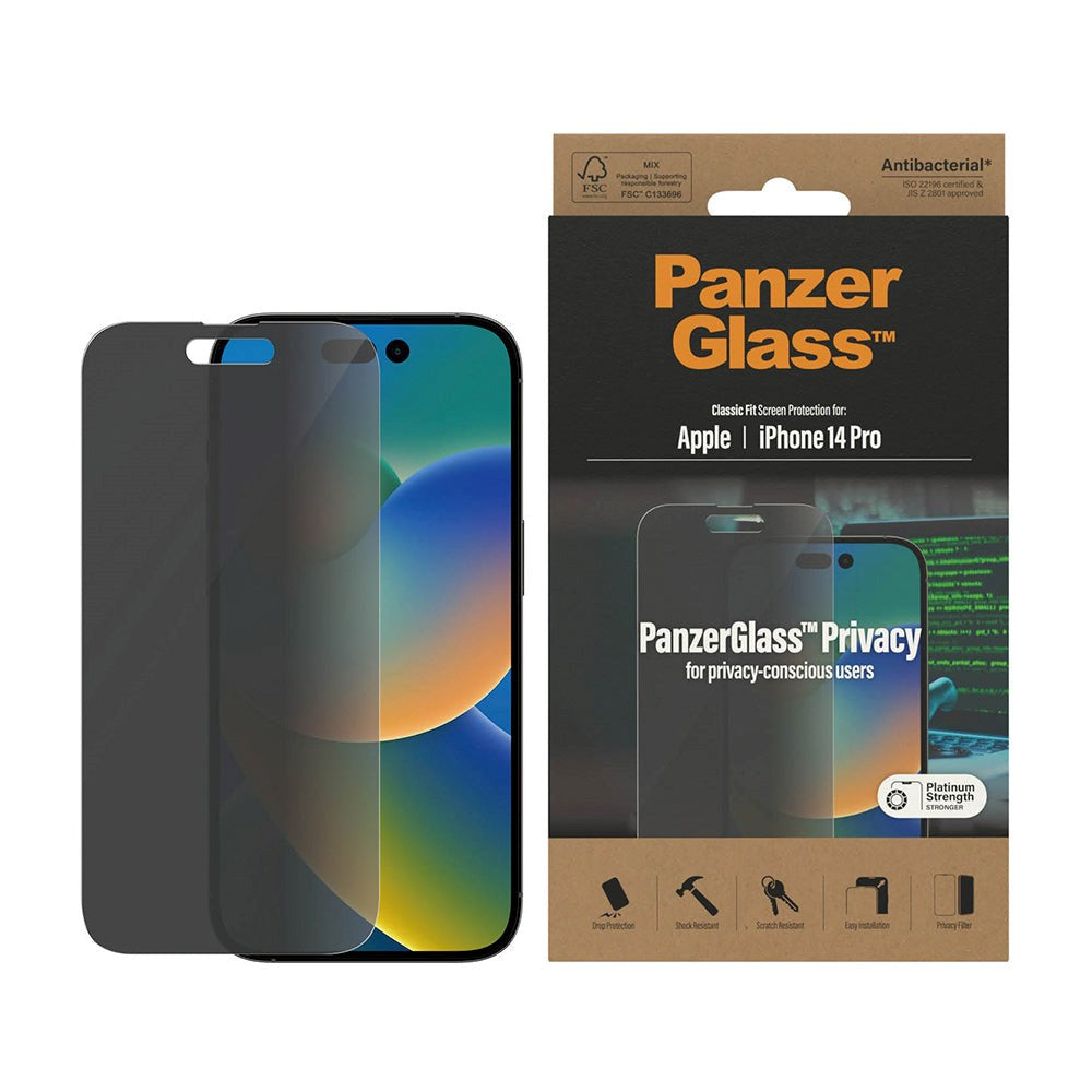 iPhone 14 Pro PanzerGlass Classic Fit Skärmskydd - Antibakteriellt - Privacy Filter - Platinum Strength - Transparent