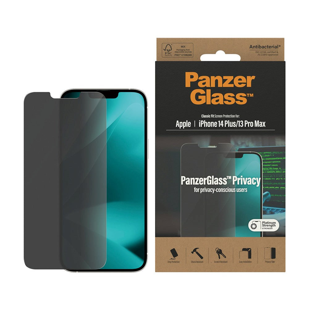 iPhone 14 Plus/13 Pro Max PanzerGlass Classic Fit Skärmskydd - Antibakteriellt - Platinum Strength - Privacy Filter - Transparent