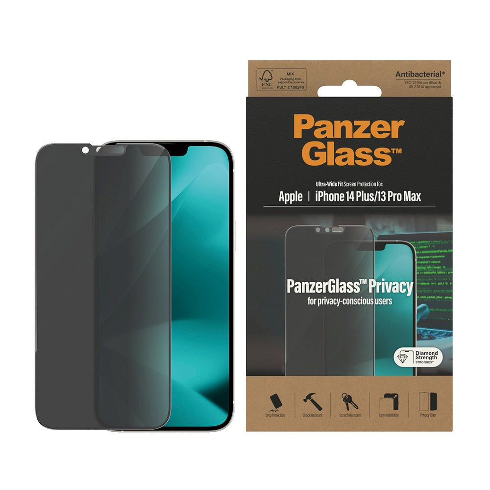 iPhone 14 Plus/13 Pro Max PanzerGlass Ultra Wide Fit Skärmskydd - Antibakteriellt - Privacy Filter - Diamond Strength - Transparent