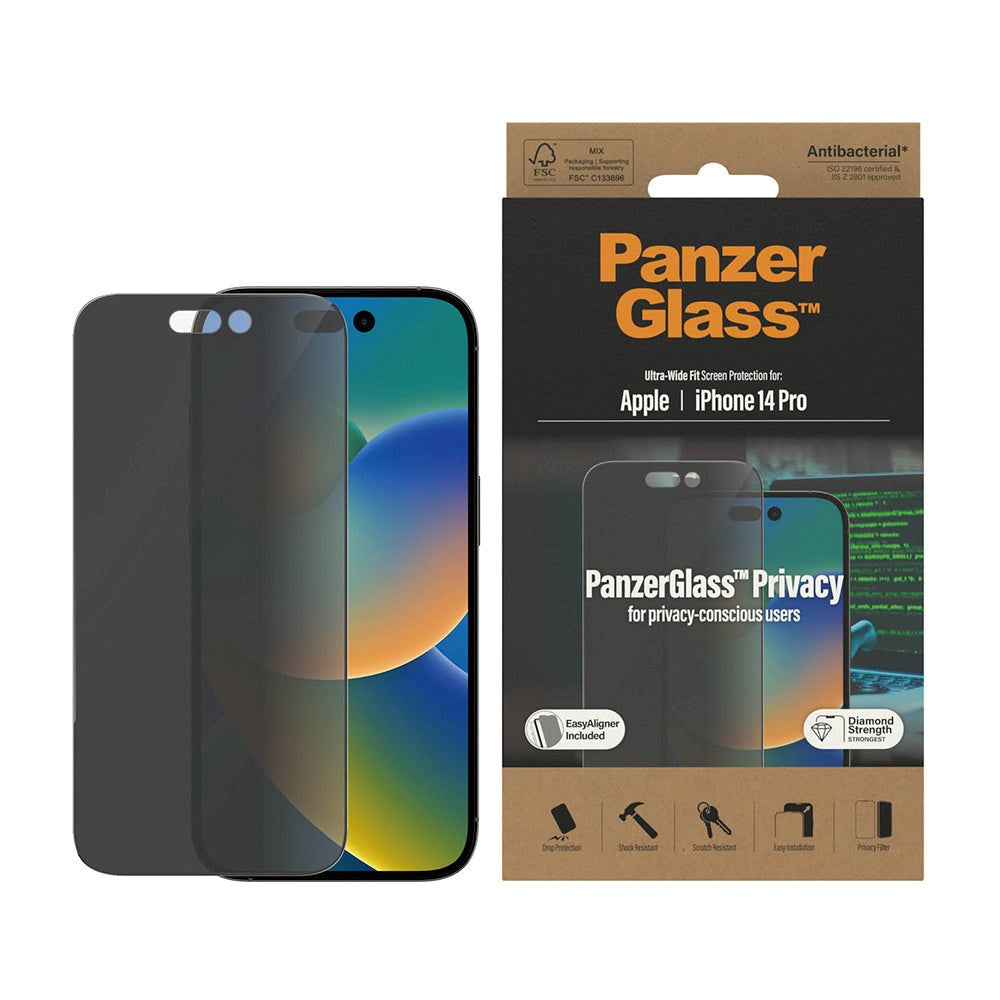 iPhone 14 Pro PanzerGlass Ultra Wide Fit Skärmskydd - Antibakteriellt - Privacy Filter - EasyAligner - Diamond Strength - Transparent