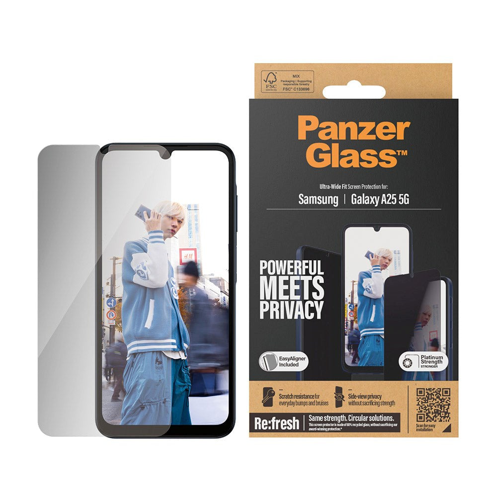 Samsung Galaxy A25 (5G) PanzerGlass Ultra Wide Fit Re:fresh Skärmskydd m. EasyAligner - Privacy - Platinum Strength - Genomskinlig / Svart Kant