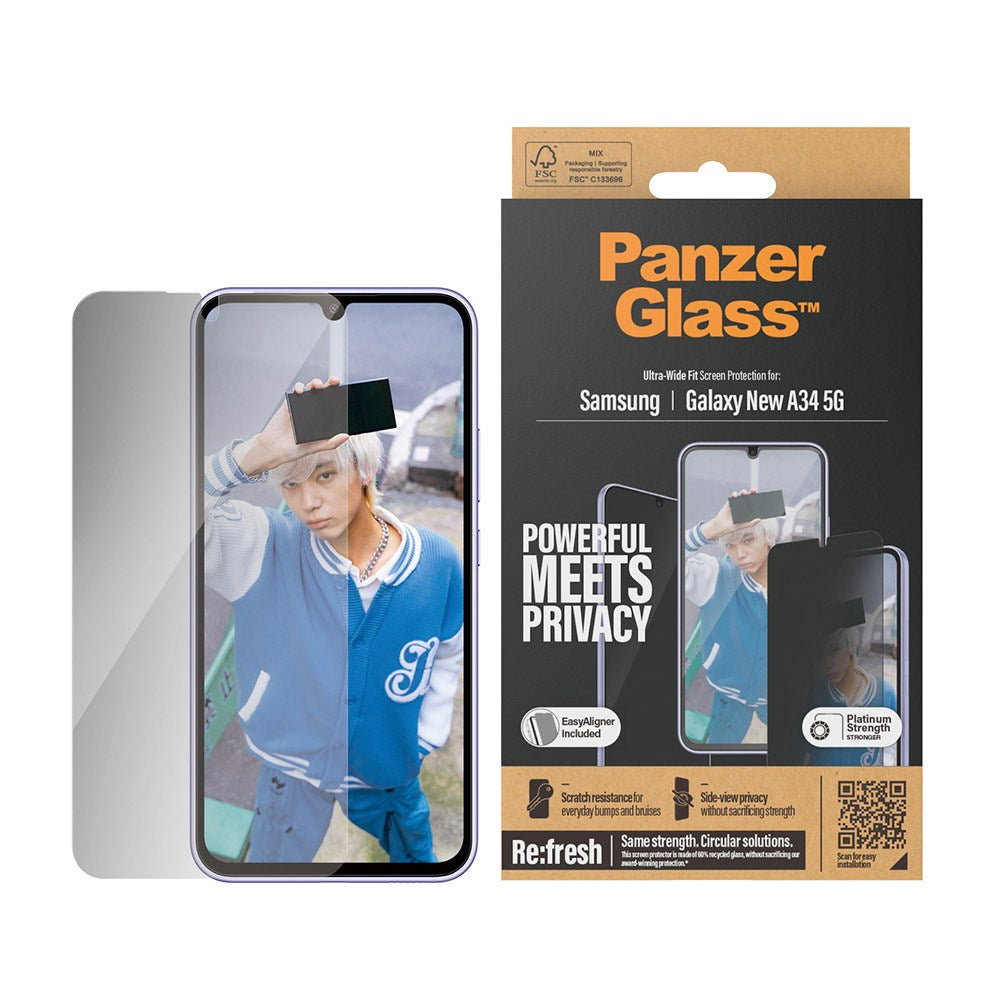 Samsung Galaxy A35 (5G) PanzerGlass Ultra Wide Fit Re:fresh Skärmskydd m. EasyAligner - Privacy - Platinum Strength - Genomskinlig / Svart Kant