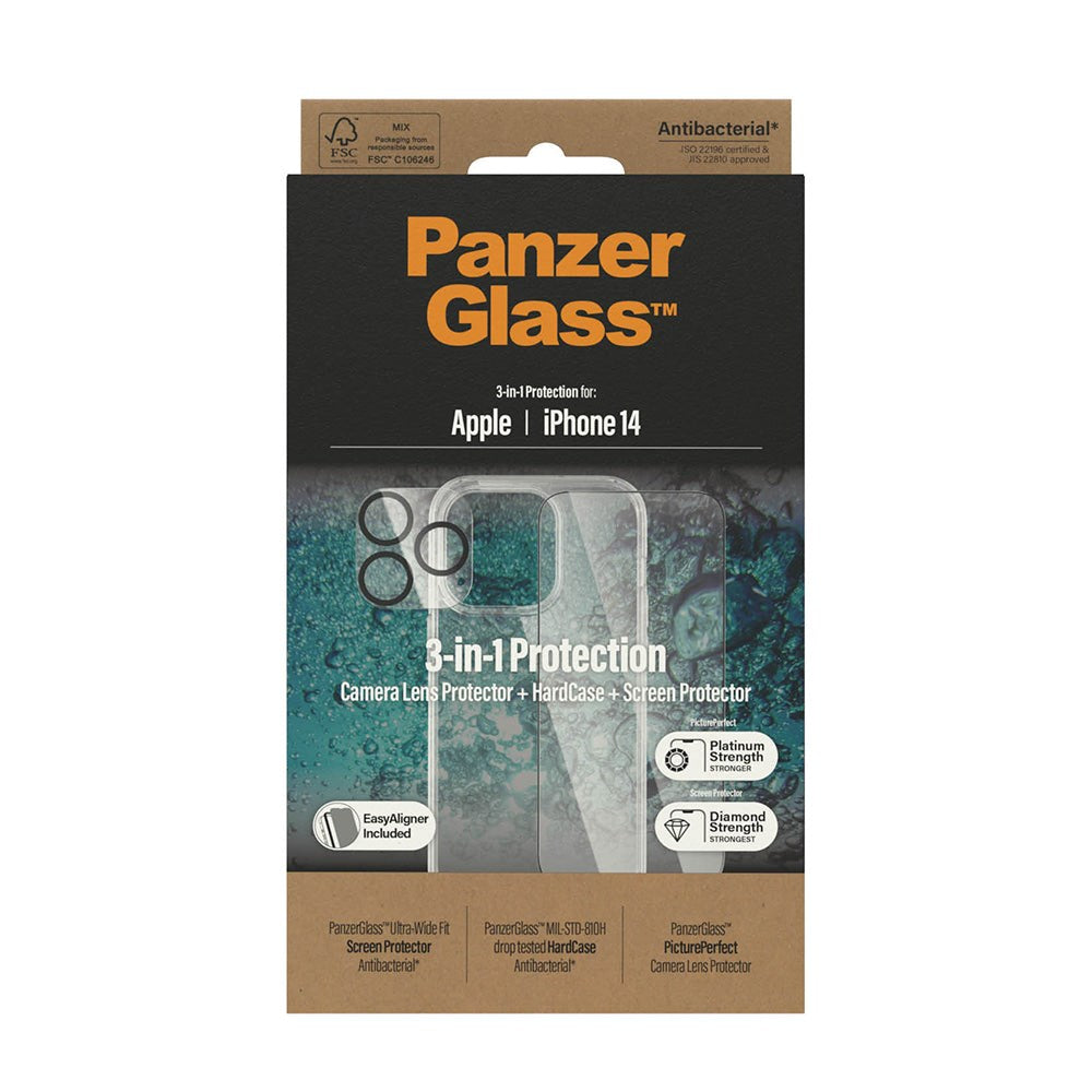 iPhone 14 PanzerGlass 3-i-1 Bundle med EasyAligner - Skärmskydd (UWF) / Skal / Kameraskydd - Transparent