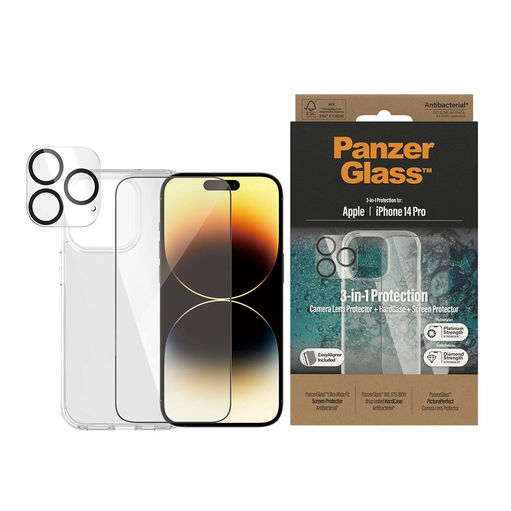 iPhone 14 Pro PanzerGlass 3-i-1 Bundle med EasyAligner - Skärmskydd (UWF) / Skal / Kameraskydd - Transparent