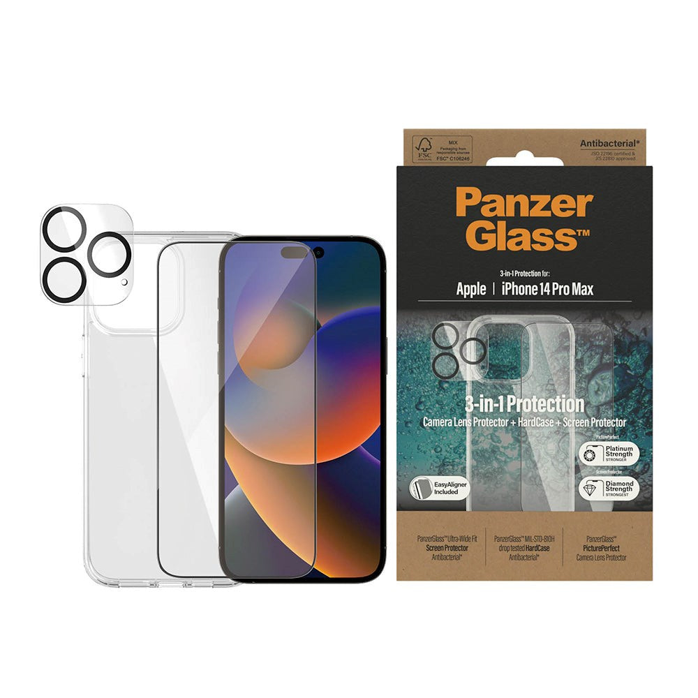 iPhone 14 Pro Max PanzerGlass 3-i-1 Bundle med EasyAligner - Skärmskydd (UWF) / Skal / Kameraskydd - Transparent