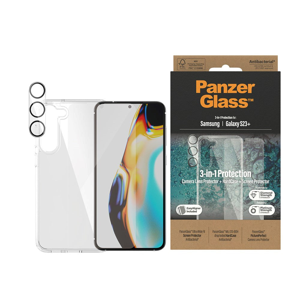 Samsung Galaxy S23+ (Plus) PanzerGlass 3-i-1 Bundle med EasyAligner - Skärmskydd (UWF) / Skal / Kameraskydd - Transparent