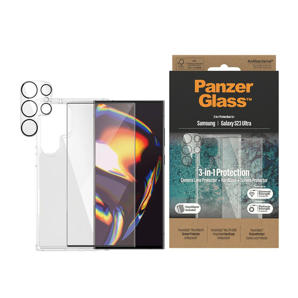 Samsung Galaxy S23 Ultra PanzerGlass 3-i-1 Bundle med EasyAligner - Skärmskydds (UWF) / Skal / Kameraskydd - Transparent