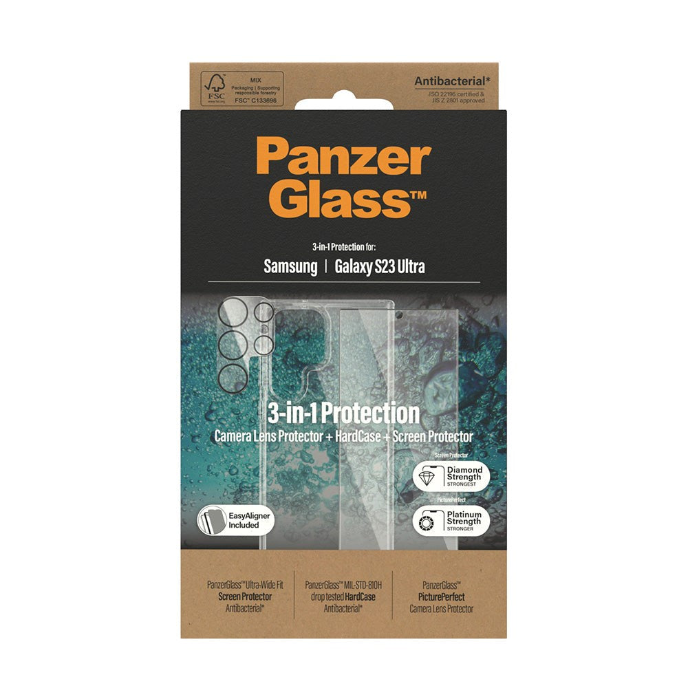 Samsung Galaxy S23 Ultra PanzerGlass 3-i-1 Bundle med EasyAligner - Skärmskydds (UWF) / Skal / Kameraskydd - Transparent