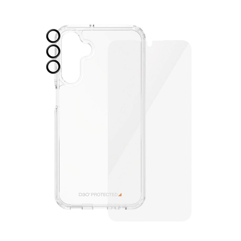 Samsung Galaxy A15 / A15 (5G) PanzerGlass 3-i-1-Bundle m. EasyAligner - Skärmskydd (UWF) / D3O Bio Hardcase Skal / Hoops Kameraskydd - Transparent / Svart