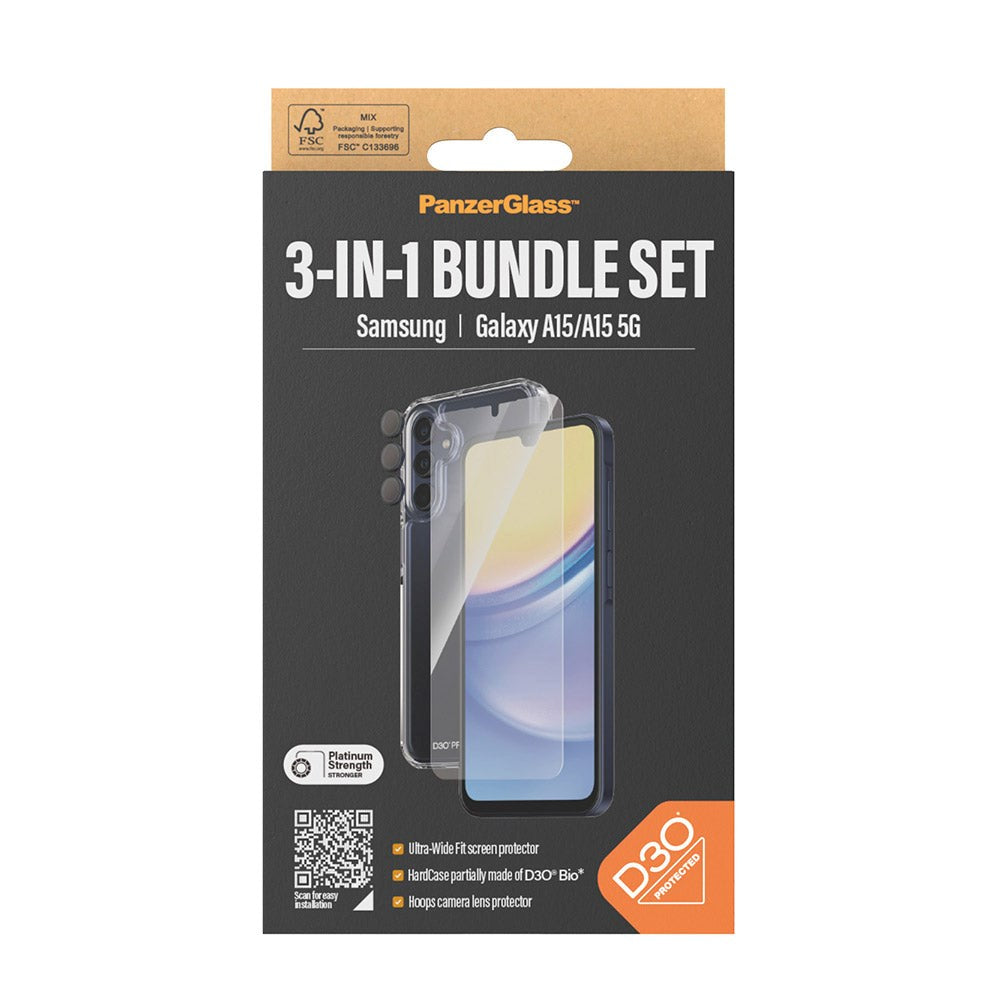 Samsung Galaxy A15 / A15 (5G) PanzerGlass 3-i-1-Bundle m. EasyAligner - Skärmskydd (UWF) / D3O Bio Hardcase Skal / Hoops Kameraskydd - Transparent / Svart