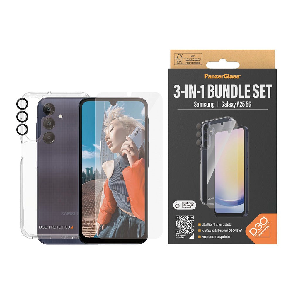 Samsung Galaxy A25 (5G) PanzerGlass 3-i-1-Bundle m. EasyAligner - Skärmskydd (UWF) / D3O Bio Hardcase Skal / Hoops Kameraskydd - Transparent / Svart