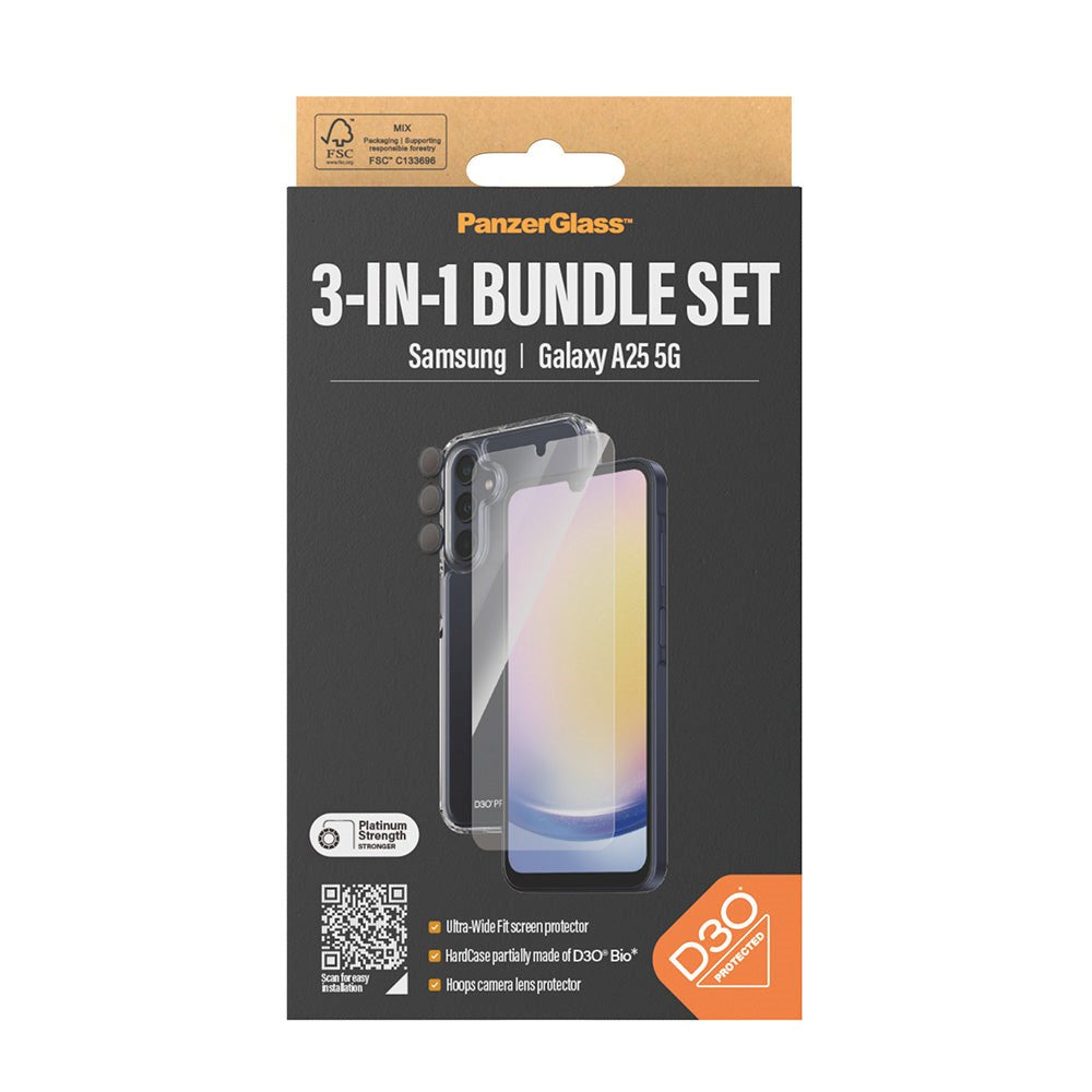 Samsung Galaxy A25 (5G) PanzerGlass 3-i-1-Bundle m. EasyAligner - Skärmskydd (UWF) / D3O Bio Hardcase Skal / Hoops Kameraskydd - Transparent / Svart