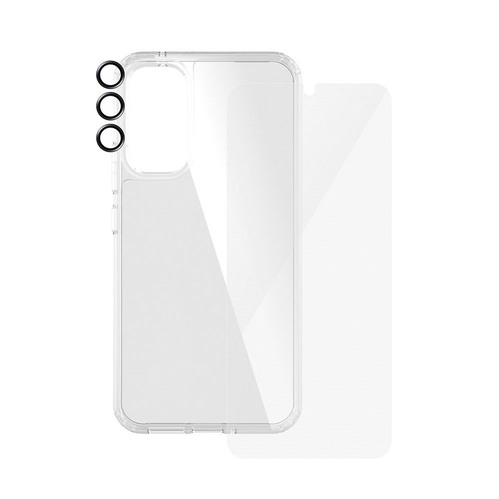 Samsung Galaxy A35 (5G) PanzerGlass 3-i-1-Bundle m. EasyAligner - Skärmskydd (UWF) / D3O Bio Hardcase Skal / Hoops Kameraskydd - Genomskinlig / Svart