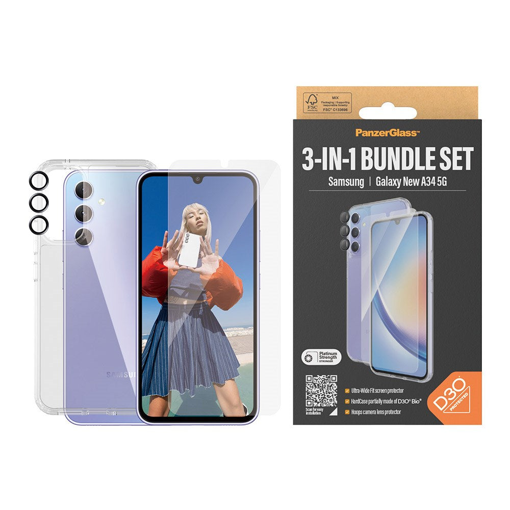 Samsung Galaxy A35 (5G) PanzerGlass 3-i-1-Bundle m. EasyAligner - Skärmskydd (UWF) / D3O Bio Hardcase Skal / Hoops Kameraskydd - Genomskinlig / Svart