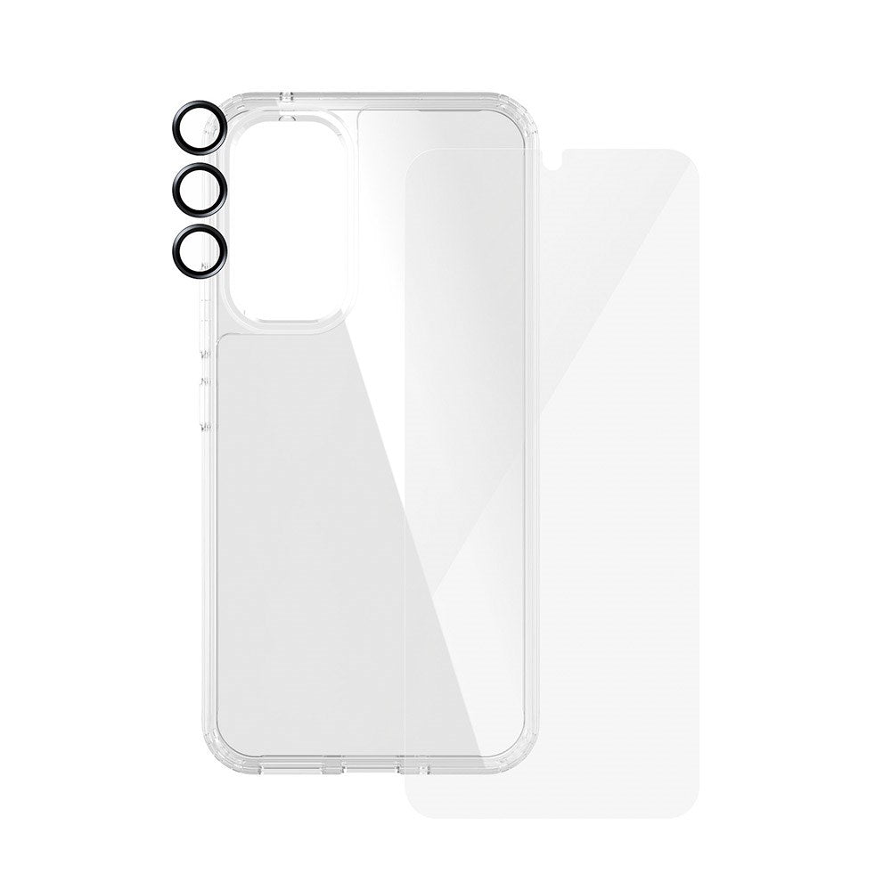 Samsung Galaxy A55 (5G) PanzerGlass 3-i-1-Bundle m. EasyAligner - Skärmskydd (UWF) / D3O Bio Hardcase Skal / Hoops Kameraskydd - Genomskinlig / Svart