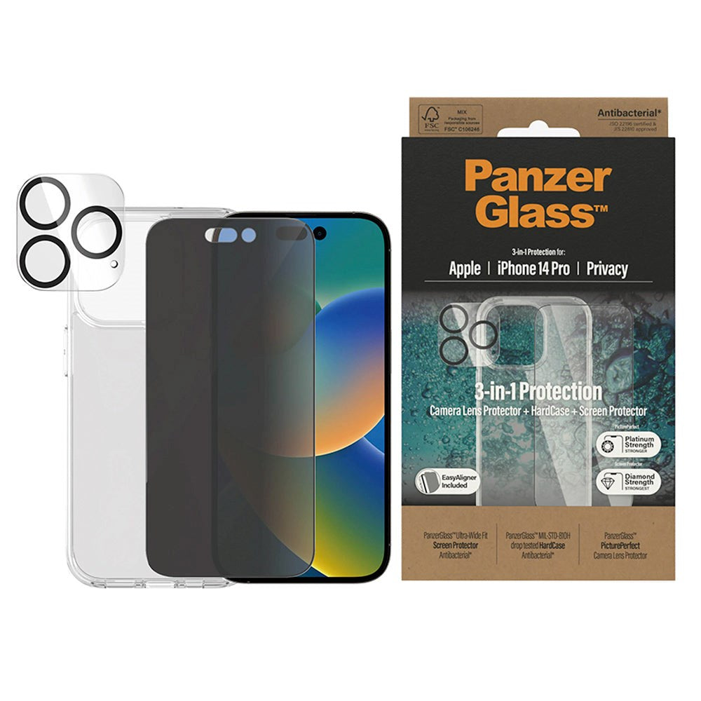 iPhone 14 Pro PanzerGlass 3-i-1 Bundle med EasyAligner - Privacy Skärmskydd (UWF) / Skal / Kameraskydd - Transparent