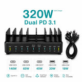 Xceed 320W Multiopladdare m. 8x USB-C & 2x USB-A - Svart