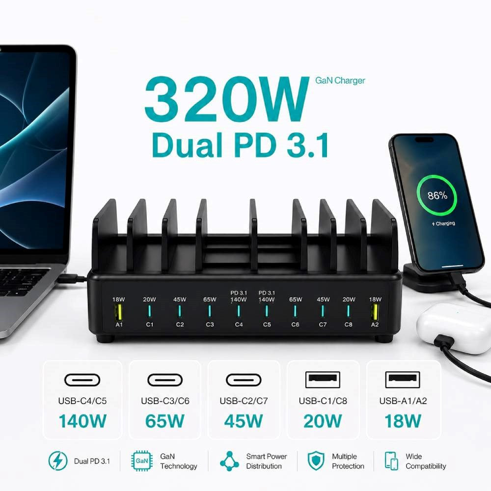 Xceed 320W Multiopladdare m. 8x USB-C & 2x USB-A - Svart