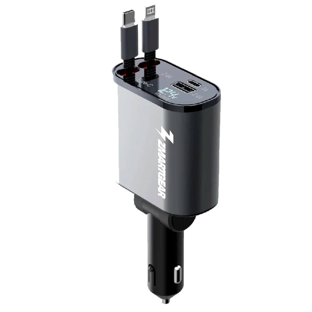 Zmartgear 4-i-1 60W Billaddare med Infällbar Lightning-kabel & USB-C - USB-C & USB-A-port - Svart