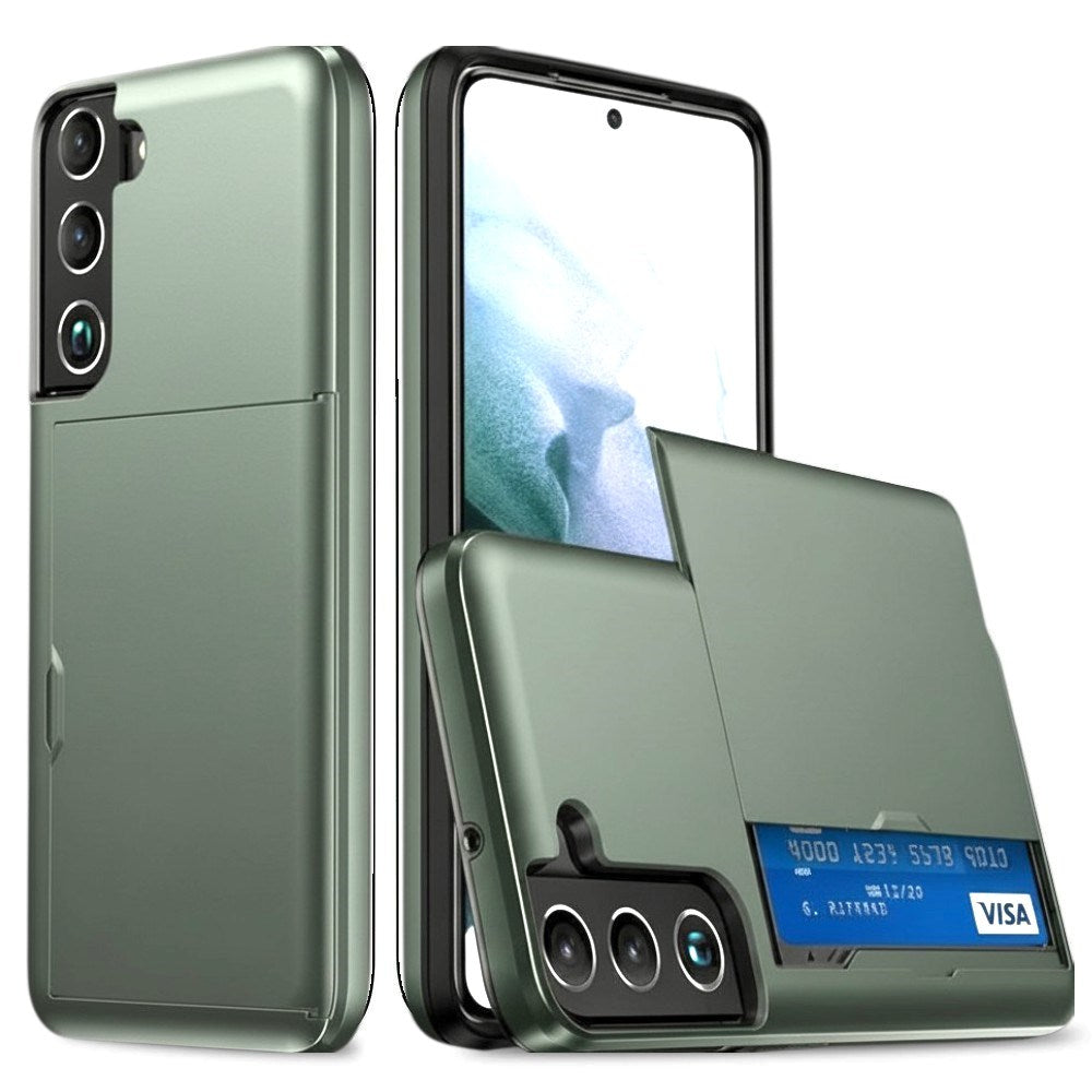 Samsung Galaxy S22 Hybridplast Tåligt Skal med Korthållare - Armégrön