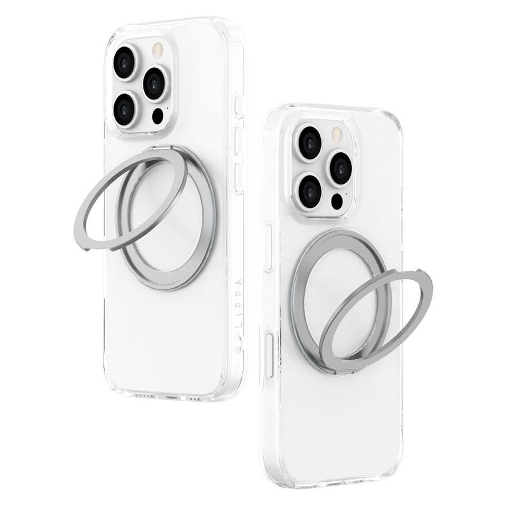 iPhone 16 Pro Lippa Hybrid Plast Skal med 360 Graders Roterande Kickstand - MagSafe Kompatibelt - Genomskinlig / Silver