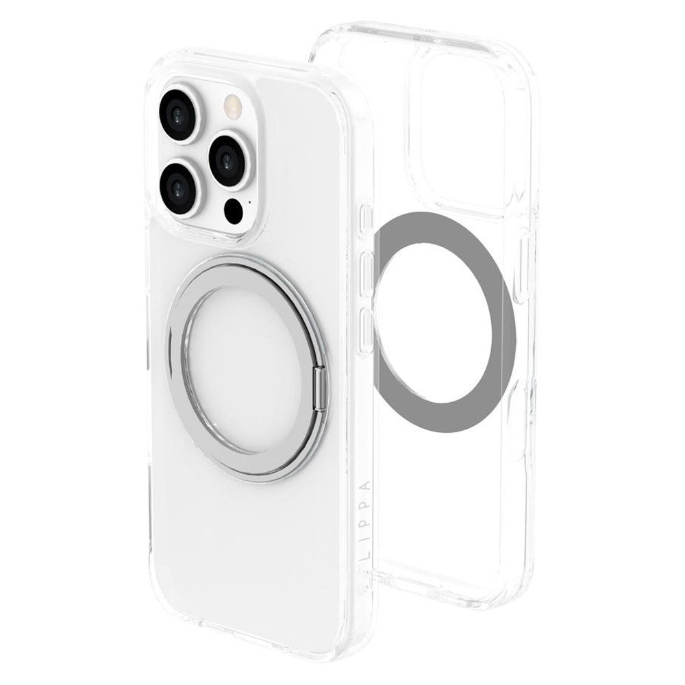 iPhone 16 Pro Lippa Hybrid Plast Skal med 360 Graders Roterande Kickstand - MagSafe Kompatibelt - Genomskinlig / Silver