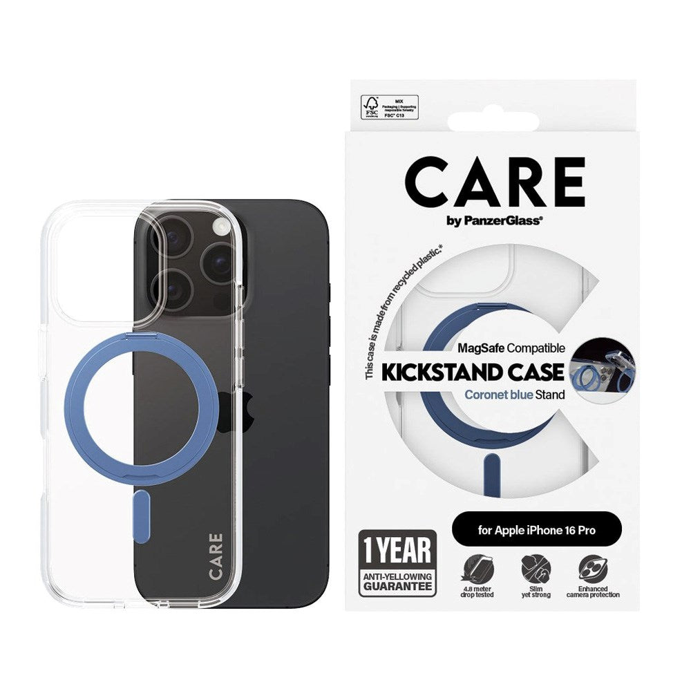 CARE by PanzerGlass iPhone 16 Pro Feature Kickstand Skal - MagSafe Kompatibel - Transparent / Coronet Blue