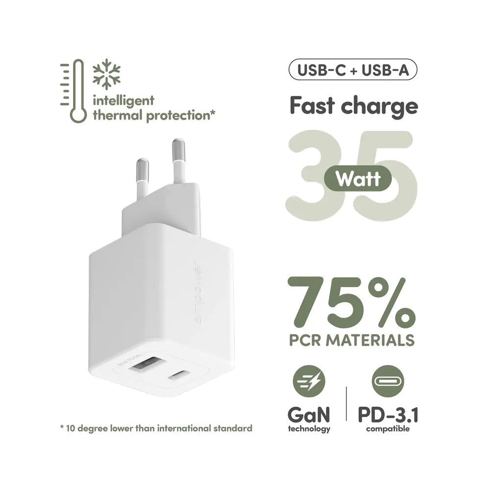 empower by PanzerGlass Turbo 35W Väggladdare m. 1x USB-A & 1x USB-C – Silver White