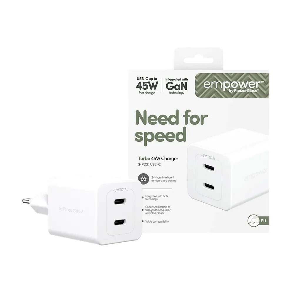 empower by PanzerGlass Turbo 45W Väggladdare m. 2x USB-C – Silver White