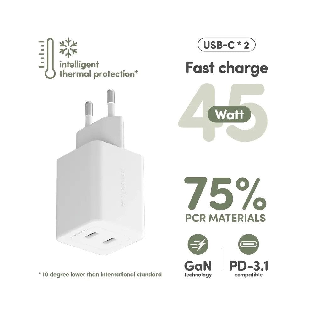empower by PanzerGlass Turbo 45W Väggladdare m. 2x USB-C – Silver White